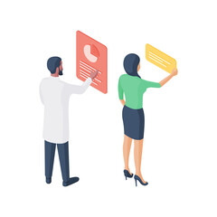 Poster - cartoon scientists analyzing results of research. isometric illustration