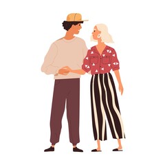 Poster - Happy romantic couple holding hands and looking at each other. Young modern man confessing his love to woman. Enamored boyfriend and girlfriend. Flat vector illustration isolated on white background