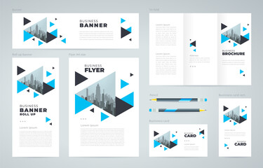 Wall Mural - Triangle theme Corporate Set flyer cover, tri-fold, banner, roll up banner, business card blue color identity