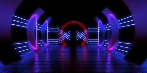 3D abstract background with neon lights. neon tunnel .space construction . 3d illustration