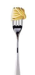 Wall Mural - spaghetti on fork on white background