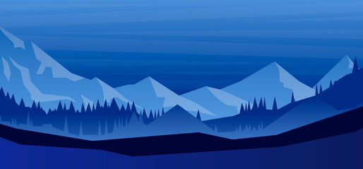 Wall Mural - Cartoon mountain landscape with fir trees  in flat style. Design element for poster, card, banner, flyer. Vector illustration