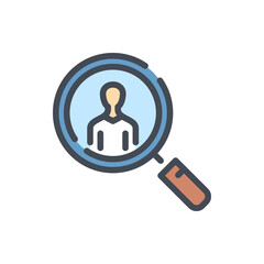 Poster - Recruitment and Search for an employee color line icon. Magnifier with business person vector outline colorful sign.