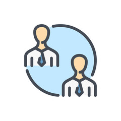 Poster - Group work and Partnership color line icon. Two business person in circle vector outline colorful sign.