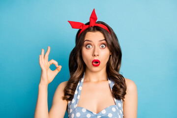 Wall Mural - Close-up portrait of her she nice-looking attractive lovely fashionable glamorous amazed wavy-haired girl showing ok-sign isolated over bright vivid shine vibrant blue color background