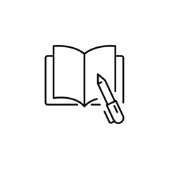 Poster - Open book with pen line icon. Testimonials and customer relationship management concept. Simple outline style. Vector illustration isolated on white background. EPS 10.