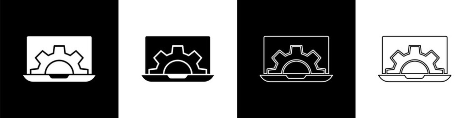 Set Software, web development, programming concept icon isolated on black and white background. Programming language and program code on screen laptop. Vector.