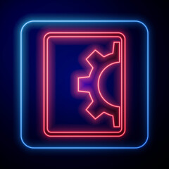 Glowing neon Software, web development, programming concept icon isolated on blue background. Programming language and program code on screen tablet. Vector.