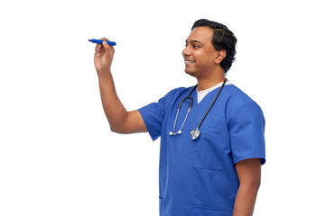 Sticker - healthcare, profession and medicine concept - happy smiling indian doctor or male nurse in blue uniform writing something with marker over white background