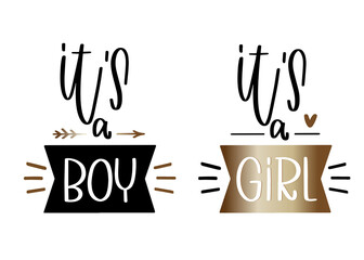 Wall Mural - Gender reveal quote. It’s a boy, it’s a girl message vector design with gold gradient banner, arrow and heart.