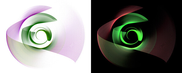 Green, purple, red airy wavy elements are nested inside each other and rotate on white and black backgrounds. Graphic design elements set. 3d rendering. 3d illustration. Sign, icon, symbol.