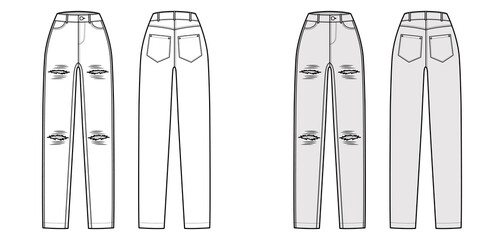 Wall Mural - Ripped Jeans distressed Denim pants technical fashion illustration with full length, normal waist, high rise, 5 pockets, Rivets. Flat bottom front, back, white grey color style. Women, men CAD mockup