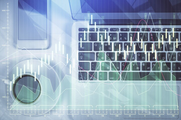 Fototapete - Stock market chart and top view computer on the table background. Multi exposure. Concept of financial analysis.