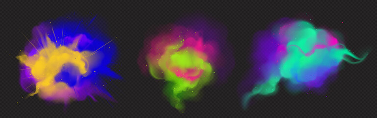 Wall Mural - colorful smoke flow and paint powder explosion. vector realistic set of color splashes, dust clouds 