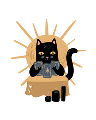 Poster - Vector magic illustration. Black cat is reading tarot cards. Cartoon doodle magical poster, card, print