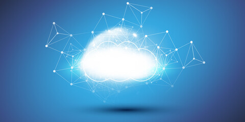 Poster - Cloud Computing Design Concept - Digital Connections, Technology Background with Globe, Bright Clouds and Geometric Network Mesh