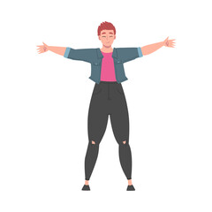 Sticker - Young Woman Standing with her Arms Outstretched, Welcome, Solidarity, Friendship and Charity Concept Cartoon Style Vector Illustration