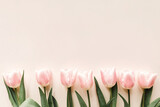 Fototapeta Tulipany - Border of pink tulips on beige background with copy space. Spring holiday concept.