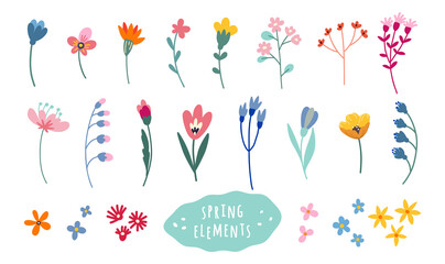 Wall Mural - Set of cute drawn Spring flowers.  Floral vector illustration. Great for banner, frame, website, landing page, flyer, postcard, print or email.