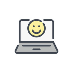 Poster - laptop with happy face color line icon. online positive feedback vector outline colorful sign.