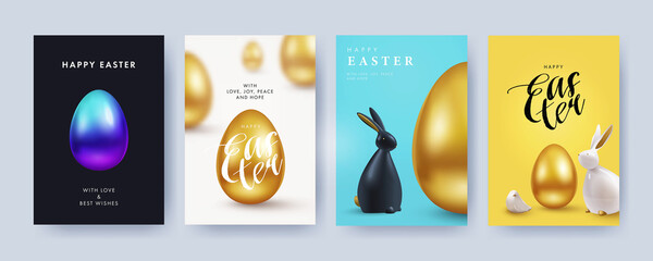 Easter Set of greeting cards, holiday covers, posters, flyers design in 3d realistic style with golden egg and black and white rabbit. Modern minimal design for social media, sale, advertisement, web