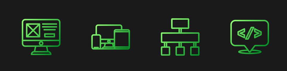 Set line Site map, UI or UX design, Monitor, mobile, tablet and Front end development. Gradient color icons. Vector.