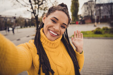 Portrait Of Young Beautiful Attractive Smiling Cheerful Afro Girl Taking Selfie Saying Hello Outside Outdoors