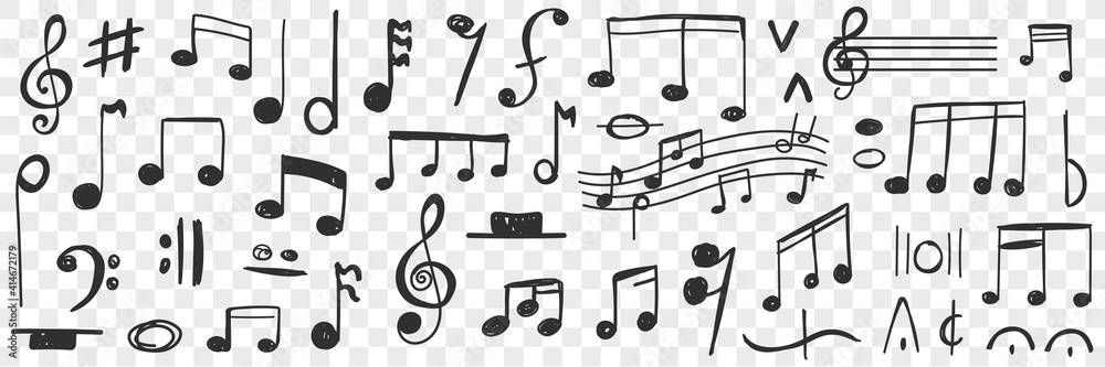 Musical notes drawings doodle set. Collection of hand drawn musical notation with notes treble clef bass clef stave and notes for writing music and education isolated on transparent background - obrazy, fototapety, plakaty 
