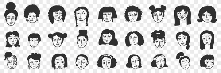 Wall Mural - Hairstyle of brunette woman doodle set. Collection of hand drawn female faces with black hair with various short and long straight and curly hairstyles portraits isolated on transparent background