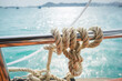 Detail sailing knot rope on boat, Boat Knot with blue sea background