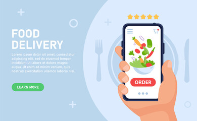 Vector concept of food delivery via smartton. A hand holds a smartphone with an application for ordering food at home or to take away. Salads delivery. Rating of restaurants and cafes.