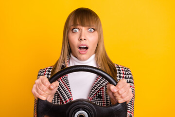 Poster - Photo of frightened pretty lady arms hold steer open mouth staring camera isolated on yellow color background