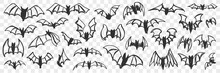 Flying Bats At Night Doodle Set. Collection Of Hand Drawn Silhouettes Of Bats With Wings Flying And Sleeping Hanging Isolated On Transparent Background