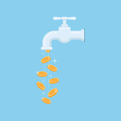 Money cash flow concept with faucet and gold coins vector flat illustration