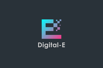 Poster - Abstract Initial Letter E Logo. Blue and Red Geometric Shape with Square Pixel Dots isolated on Black Background. Usable for Business and Technology Logos. Flat Vector Logo Design Template Element.