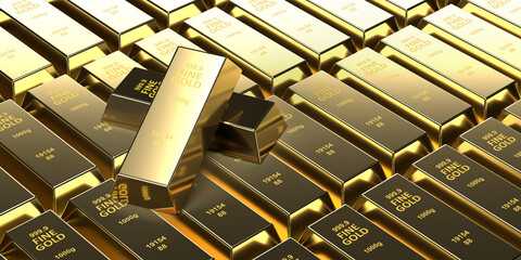 Investment, banking and business concept: 3d rendering Gold bars on brick wall background. Two blocks on many shiny ingots. Treasure blocks for wealth and investment 