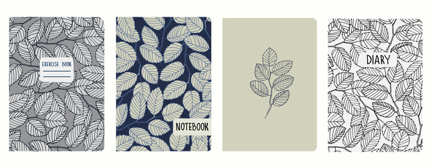Set of cover page templates with elm tree branches and leaves. Based on seamless patterns. Headers isolated and replaceable. Perfect for school notebooks, diaries