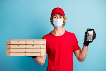 Sticker - Photo of deliveryman hold pos terminal pizza boxes wear t-shirt medical gloves isolated on blue color background