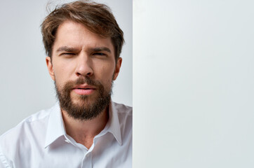 handsome man in white shirt advertising studio Copy Space