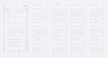 Neumorphism style calendar. Modern website or mobile app design. 2021 year calendar for smartphone, tablets or computers. Neumorphic UI UX design.