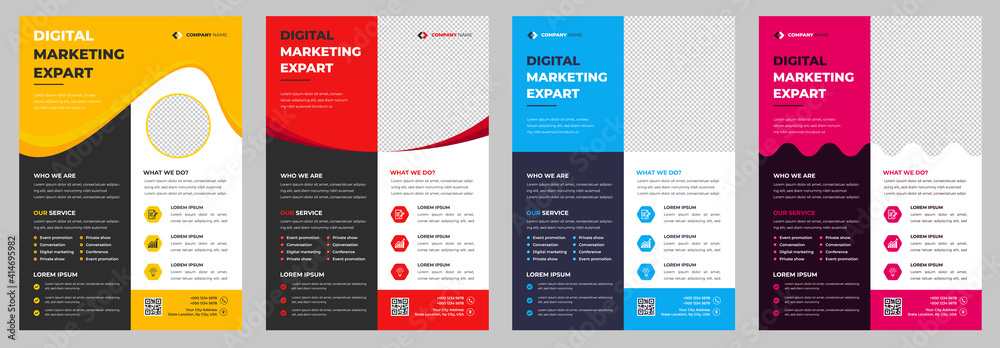 Corporate business flyer template design set with blue, magenta, red and yellow color. marketing, business proposal, promotion, advertise, publication, cover page.  - obrazy, fototapety, plakaty 