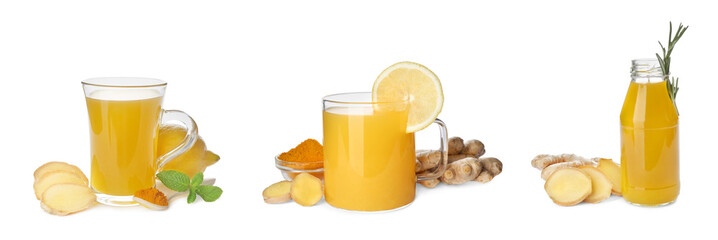 Set of immunity boosting drink with lemon, ginger and turmeric on white background, banner design