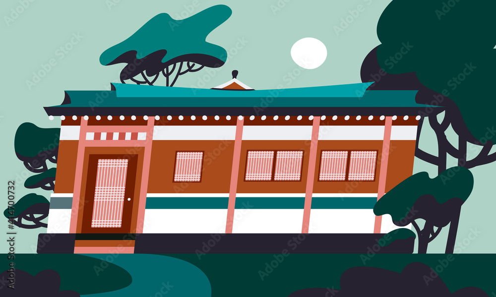 Vector de Stock Hanok house flat cartoon illustration. Korean ...