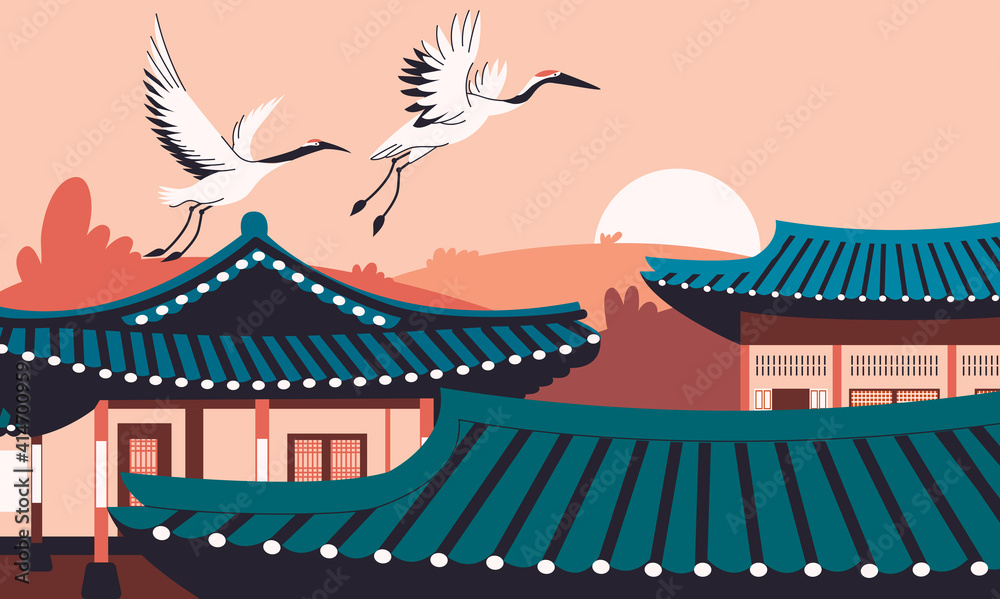 Asian architecture flat cartoon illustration. Traditional hanok ...