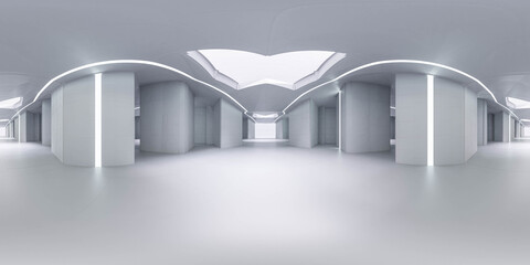 Poster - 360 spherical panorama view of futuristic white hall 3d render illustration vr hdri style