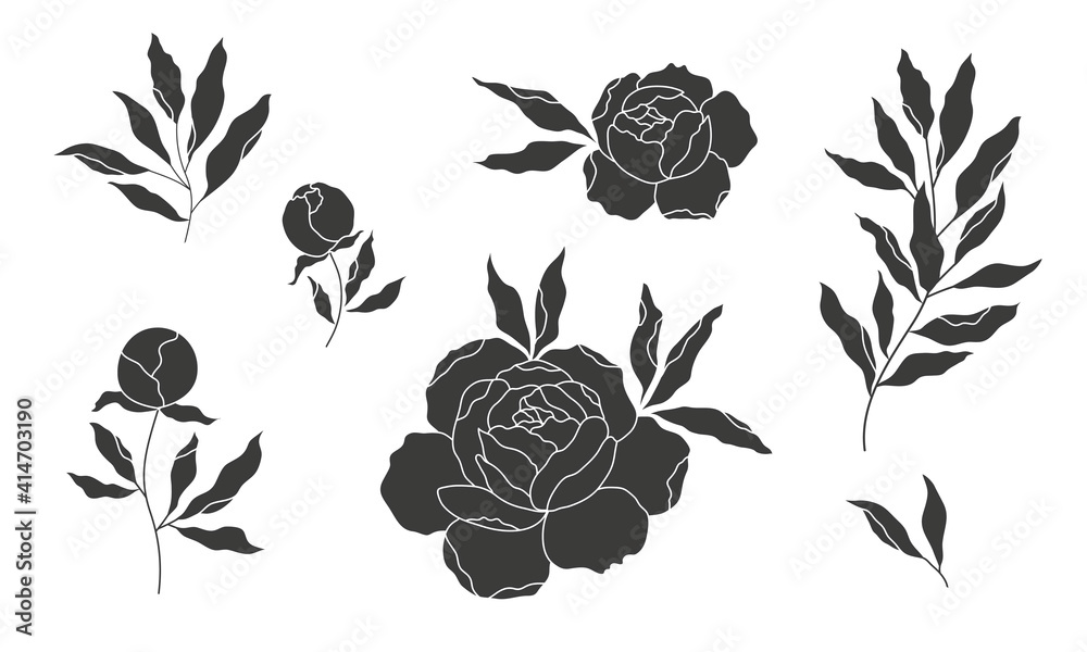 peony flower and leaves, vector silhouette, outline drawing - obrazy, fototapety, plakaty 