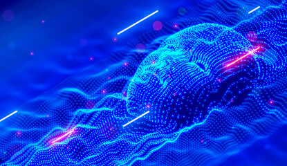 Leinwandbilder - Abstract face of artificial intelligence consists glows dots or particles. Technology background. Robot head mind in cyberspace. AI or neural network analyzes the data flow. 3d glowing wavy surface