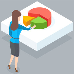 Poster - woman standing near diagram consisting of color circle segments back view. revenue symbol, ratio of 