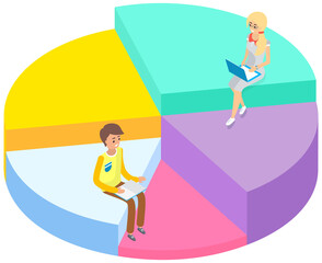 Poster - People studing and workinf on laptop and sitting on sectorized chart. Online education concept. Man with book in his hands is reading and learning. Girl is undergoing training course on her computer