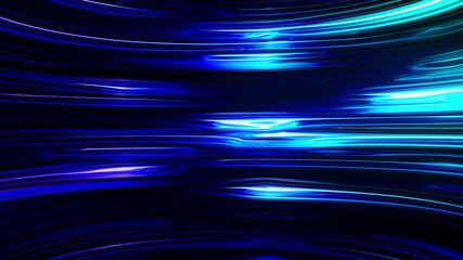 Poster - Horizontal liquid neon lines shimmer in a smooth bend. Abstract computer generated background, 3d rendering